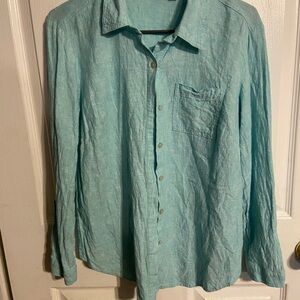 EUC Women’s Susan Graver Teal Linen Button Up Size SP Petite Long Sleeve